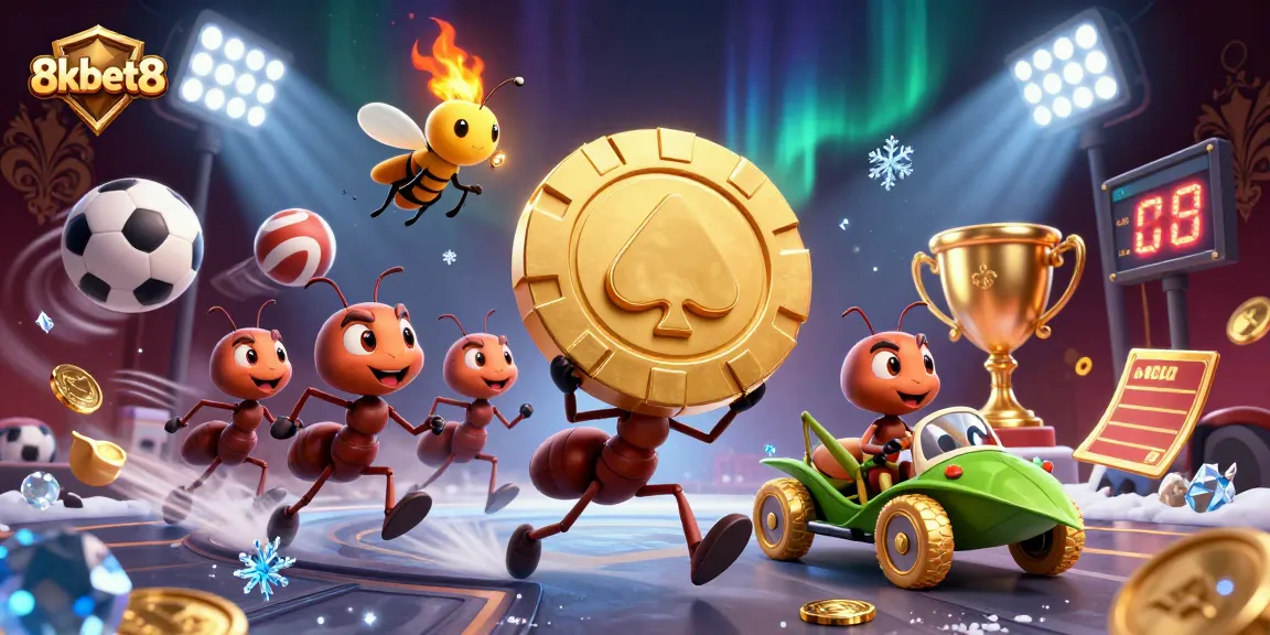 8xbet8 ants heist with golden poker chip amidst vibrant casino elements and sports balls