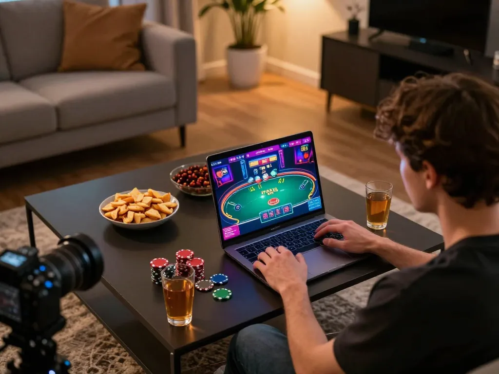 Engaging in online poker at home with gem 88 gaming interface on screen, showcasing snacks and drinks.