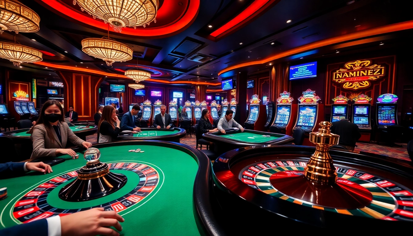 Experience thrilling gameplay at a vibrant casino with tr88 gaming opportunities featuring roulette and slot machines.