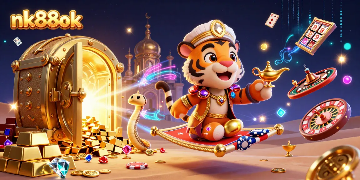 Join the fun at nk88ok with a vibrant 3D casino scene showcasing rich treasures and games.