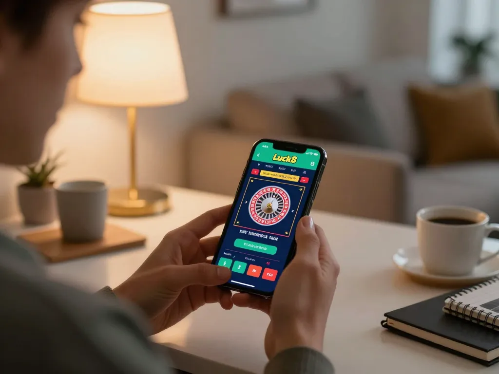 Engaged player using the Luck8 app for online casino gaming on smartphone in a cozy home setting