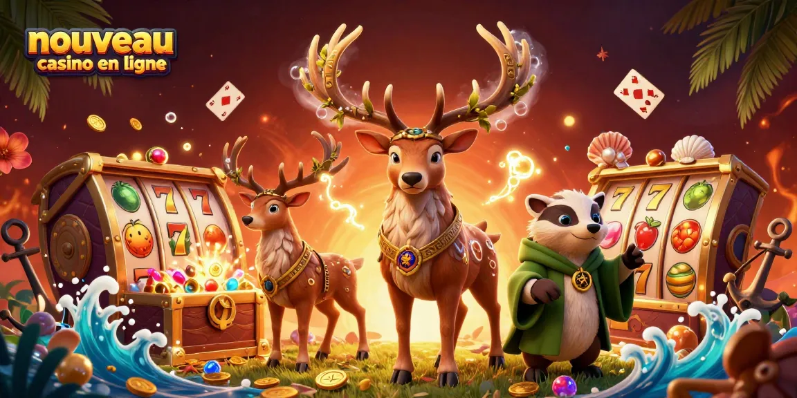 Le nouveau casino en ligne propose une illustration captivante avec un cerf druidique et un blaireau, entourés de pièces d'or et de machines à sous.