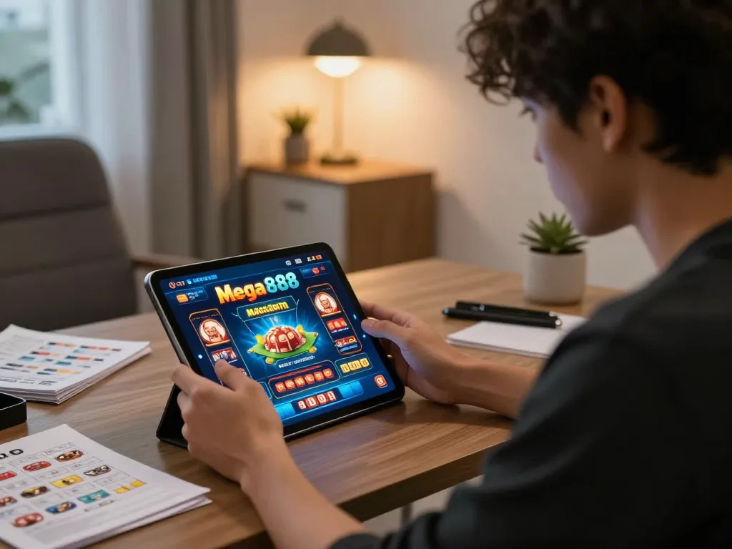 Mega888 player strategizing on tablet while immersed in online gaming atmosphere at home