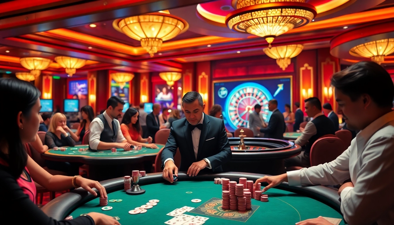 Exciting poker action at Win55 casino with vibrant chips and professional dealers.