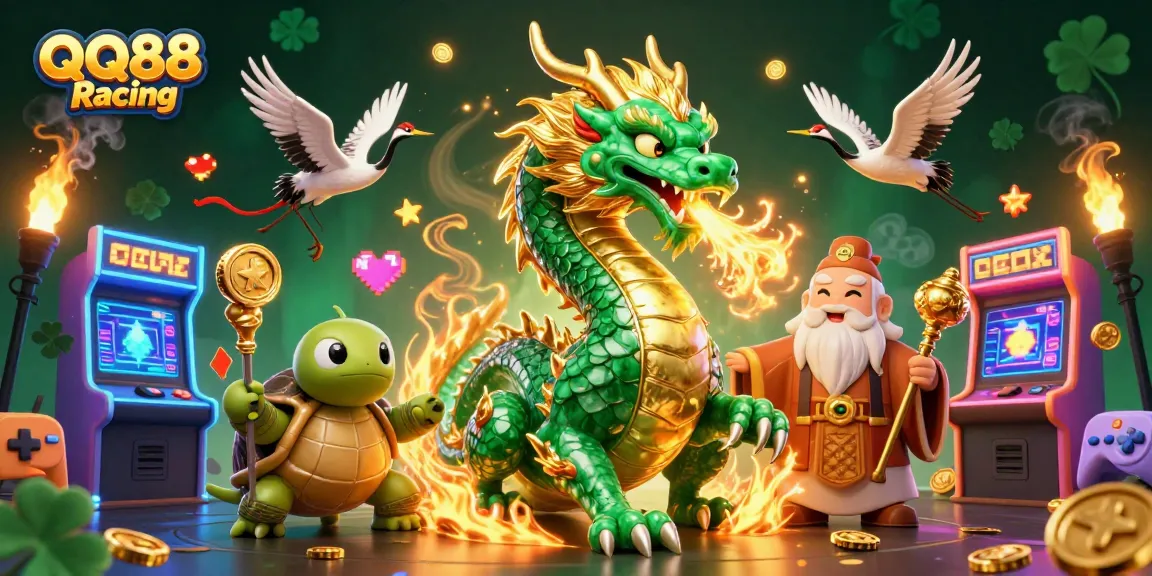 Experience QQ88 Racing through an energetic 3D illustration of gaming elements and mythical creatures.