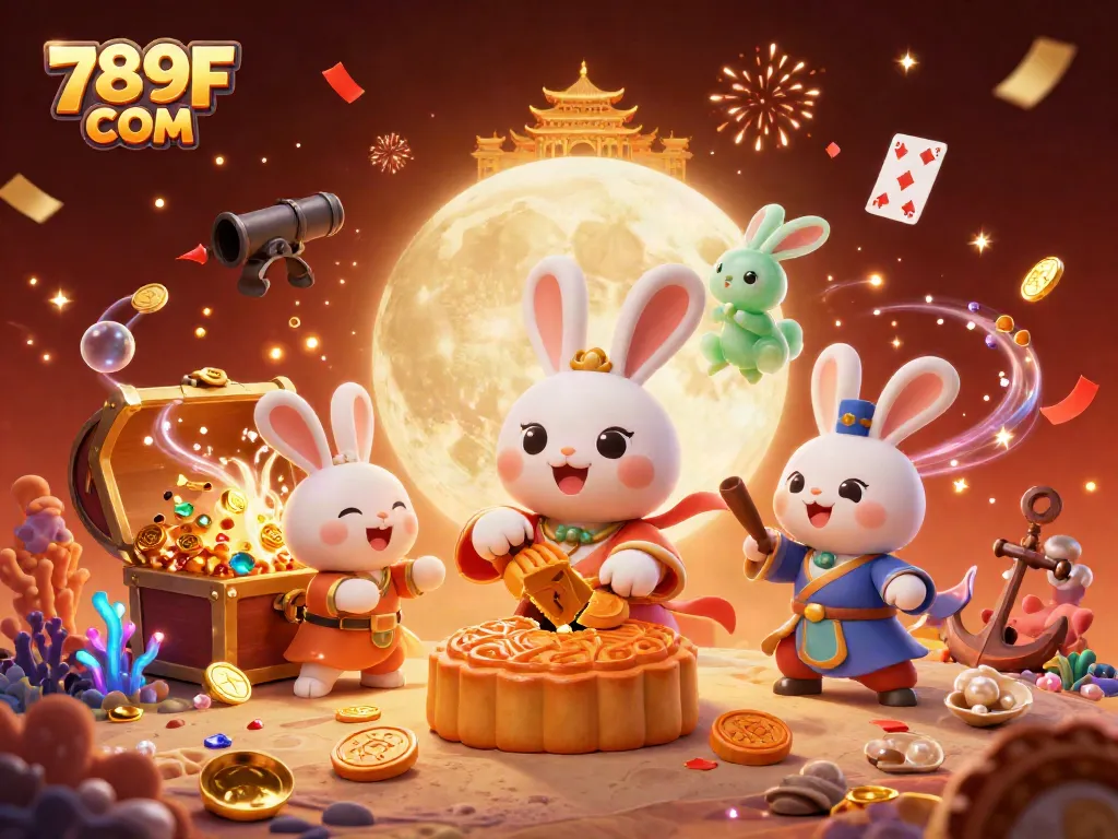 Experience thrilling games at 789F COM, featuring a vibrant 3D scene with fantastic casino elements.