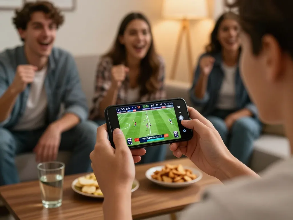 Cakhiatv streaming live football match on mobile, capturing sports betting excitement with friends.