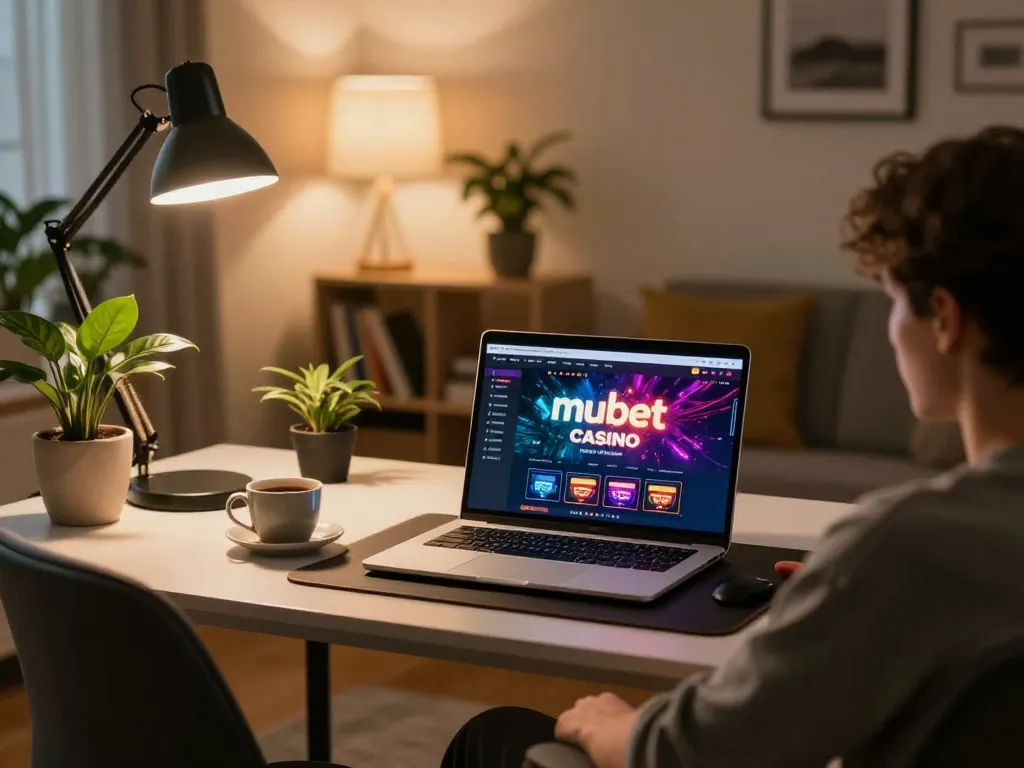 Mubet interface displayed on laptop in a cozy home gaming setup, showcasing responsible online gambling.