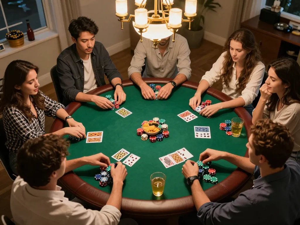 Friends enjoying a thrilling poker night at home, showcasing 58win excitement and strategy.