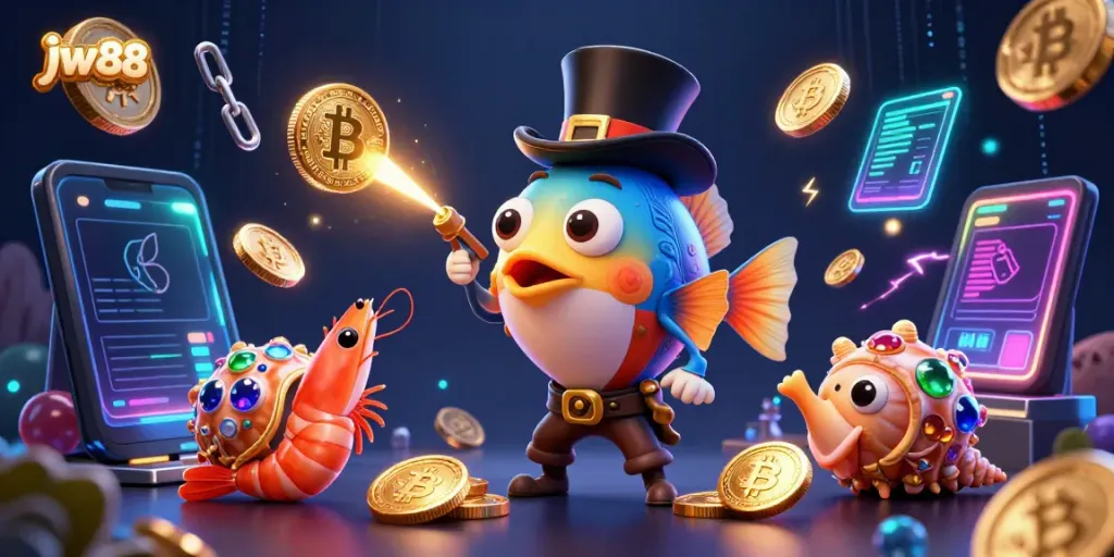 Win big with jw88 in a vibrant underwater casino scene filled with animated sea creatures and glowing coins.