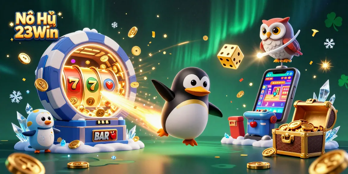 Win big with Nổ Hũ 23Win as a golden penguin navigates a dynamic casino adventure.