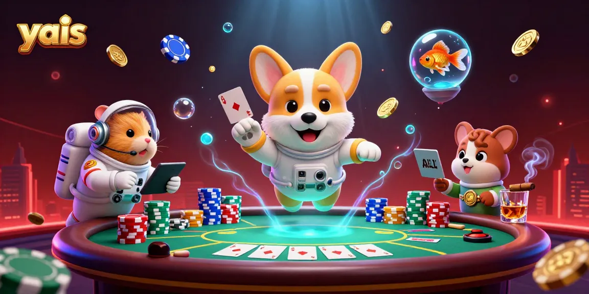 yais showcases a lively 3D scene with a floating corgi, hamster, and goldfish in a vibrant casino atmosphere.