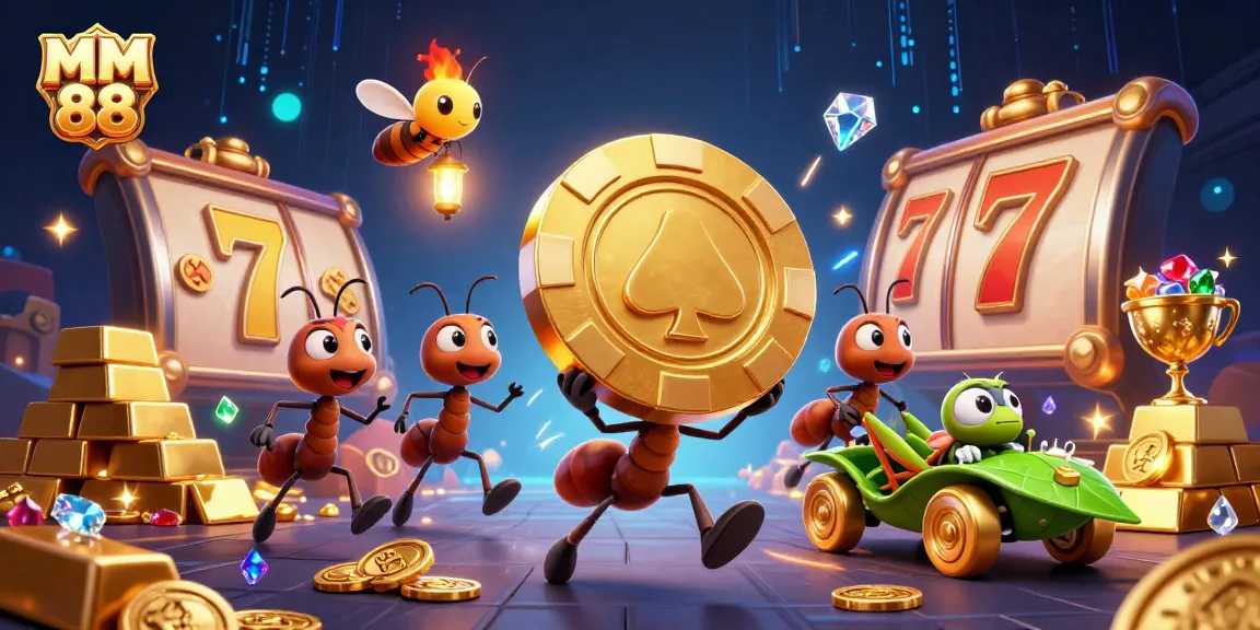 Experience MM 88 excitement with playful ants navigating a heist amid bright casino symbols.