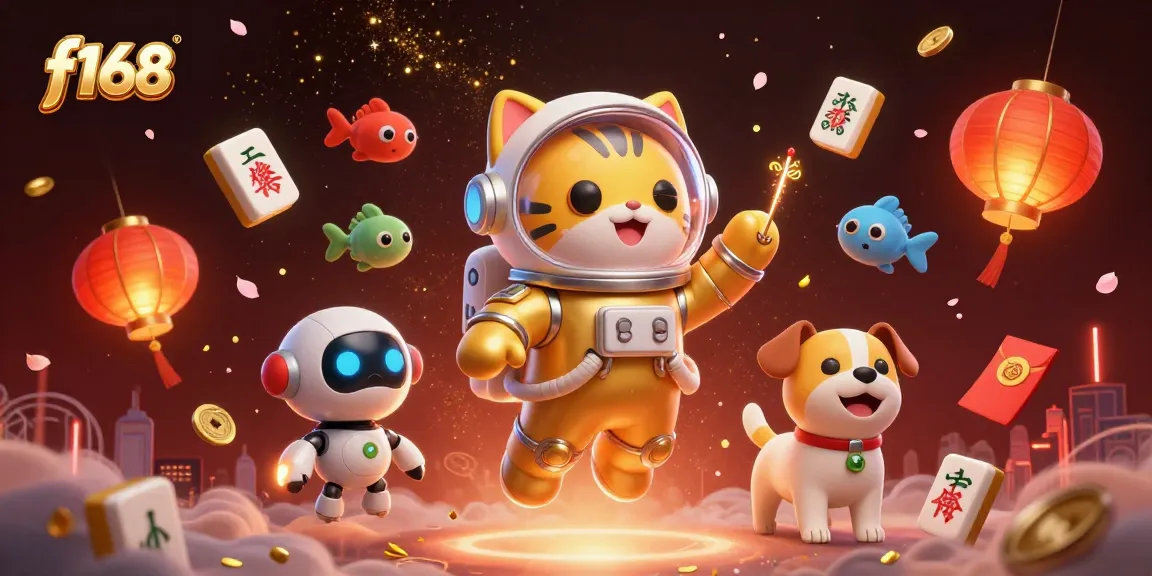 Experience f168's thrilling gaming action with a vibrant 3D illustration of an astronaut cat and robotic dog.