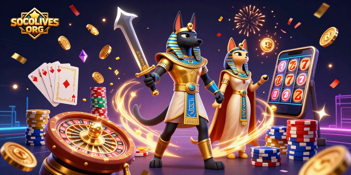 SOCOLIVES ORG showcases an Egyptian warrior and sacred cat among vibrant casino elements, enhancing the online betting experience.